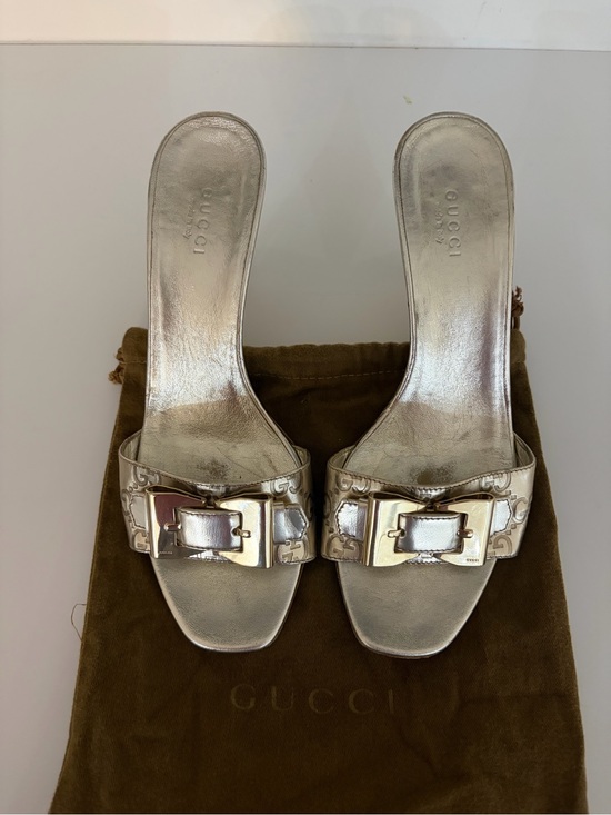 Gucci Shoes - Gucci Metallic champagne/gold monogram buckle slide mule